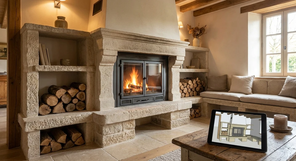 Photographie d'une chemin&eacute;e traditionnelle en pierre de taille avec foyer ferm&eacute; par insert m&eacute;tallique, int&eacute;gr&eacute;e dans un mur de pierre taill&eacute;e d'une maison r&eacute;sidentielle, montrant l'am&eacute;nagement complet avec niche et banquette en pierre, &eacute;clairage chaleureux, feu visible dans l'insert, ambiance cosy int&eacute;rieure.