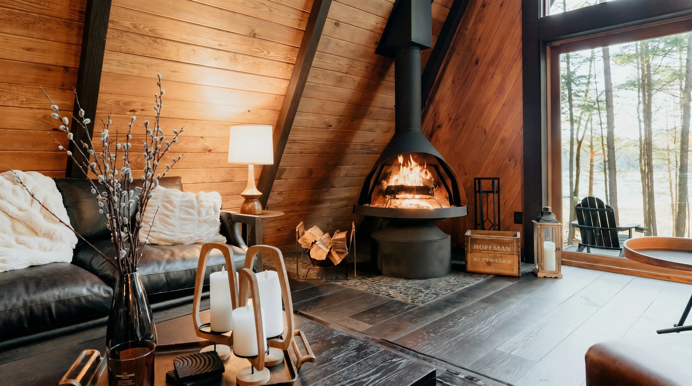 Intérieur chalet de style A-frame, ambiance cosy hivernale