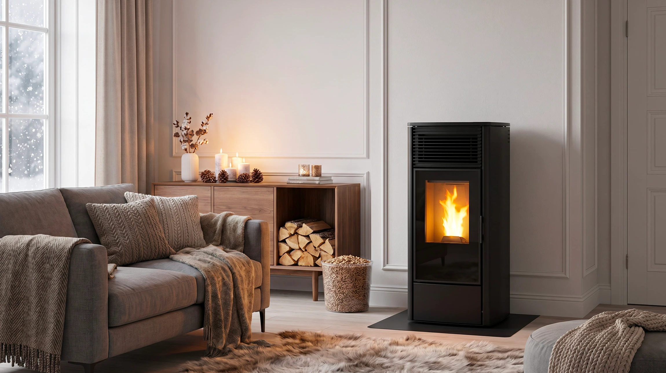 Intérieur résidentiel avec poêle à granulés moderne en fonctionnement, flammes visibles dans le foyer vitré