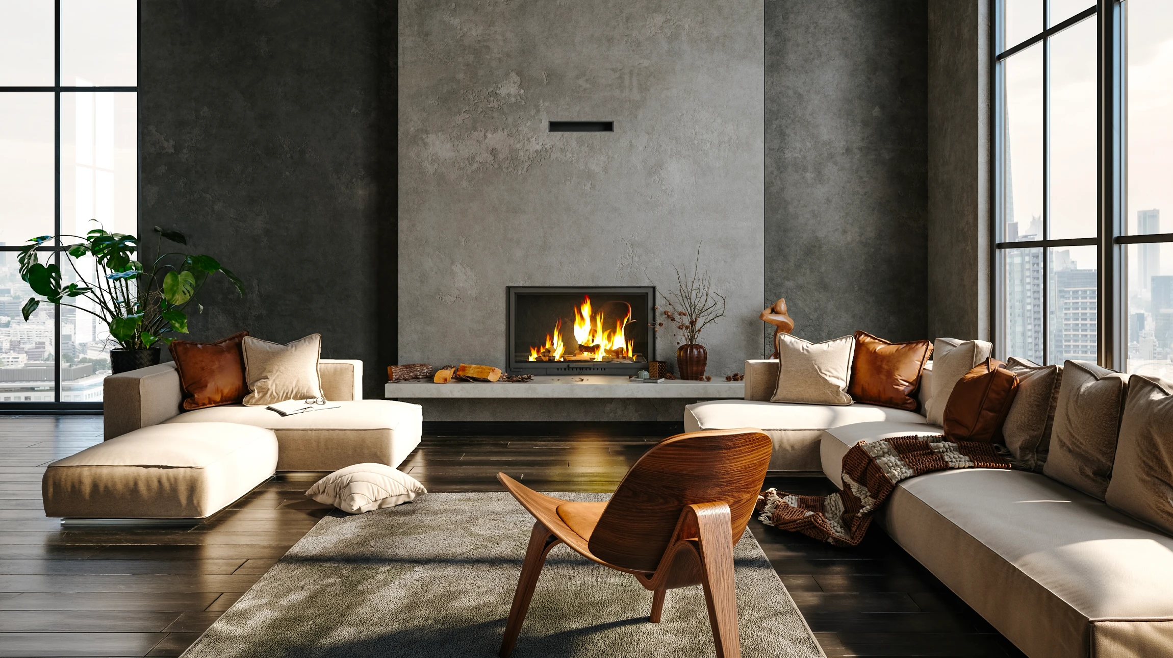 Salon moderne avec cheminée en pierre naturelle et insert à foyer fermé, télévision murale, canapés en velours vert olive, table basse en bois sombre
