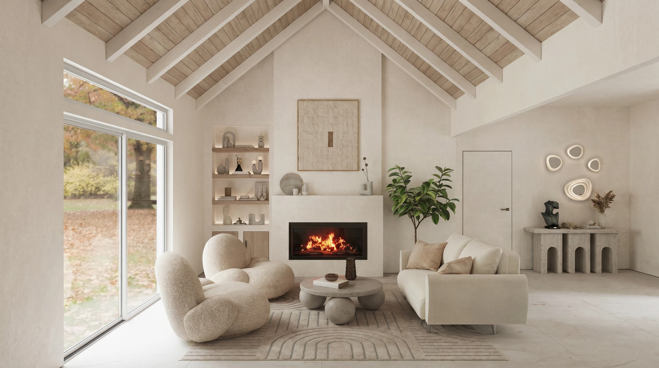 Intérieur moderne avec cheminée à foyer fermé en fonctionnement, flammes visibles à travers la vitre