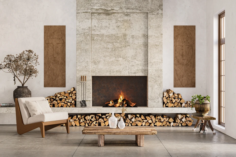 Intérieur moderne avec cheminée à foyer ouvert en activité, flanquée d'un rangement mural de bûches de bois