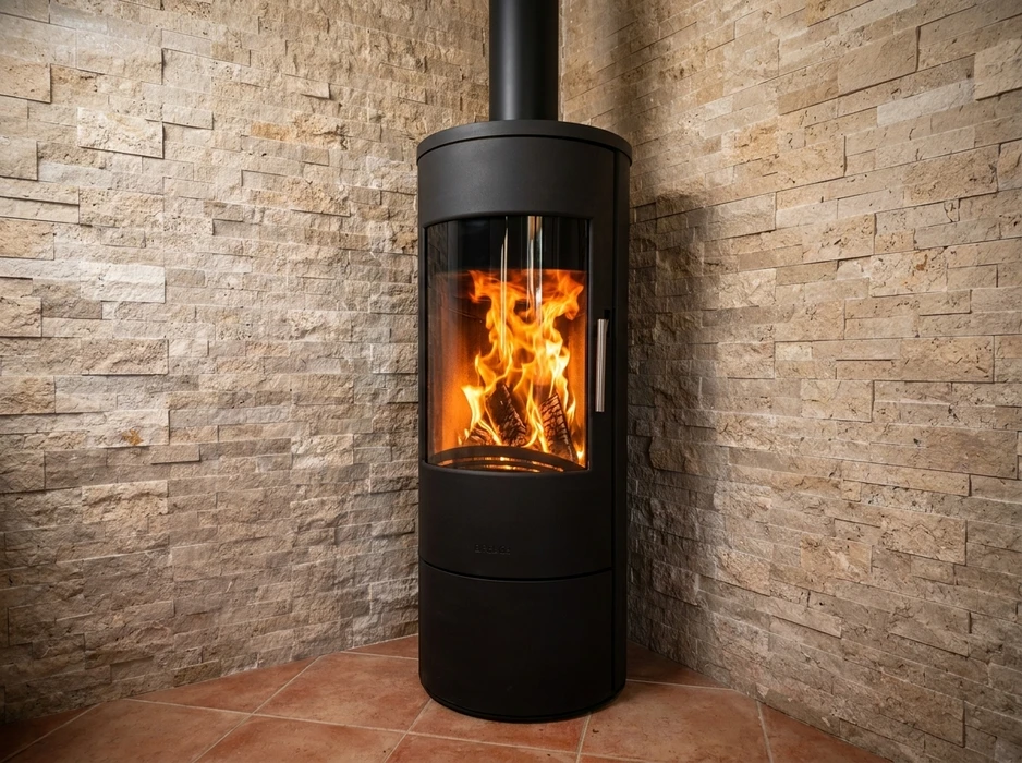 Salon contemporain lumineux avec cheminée centrale encastrée double face à insert bois, vitrage panoramique, flammes vives visibles