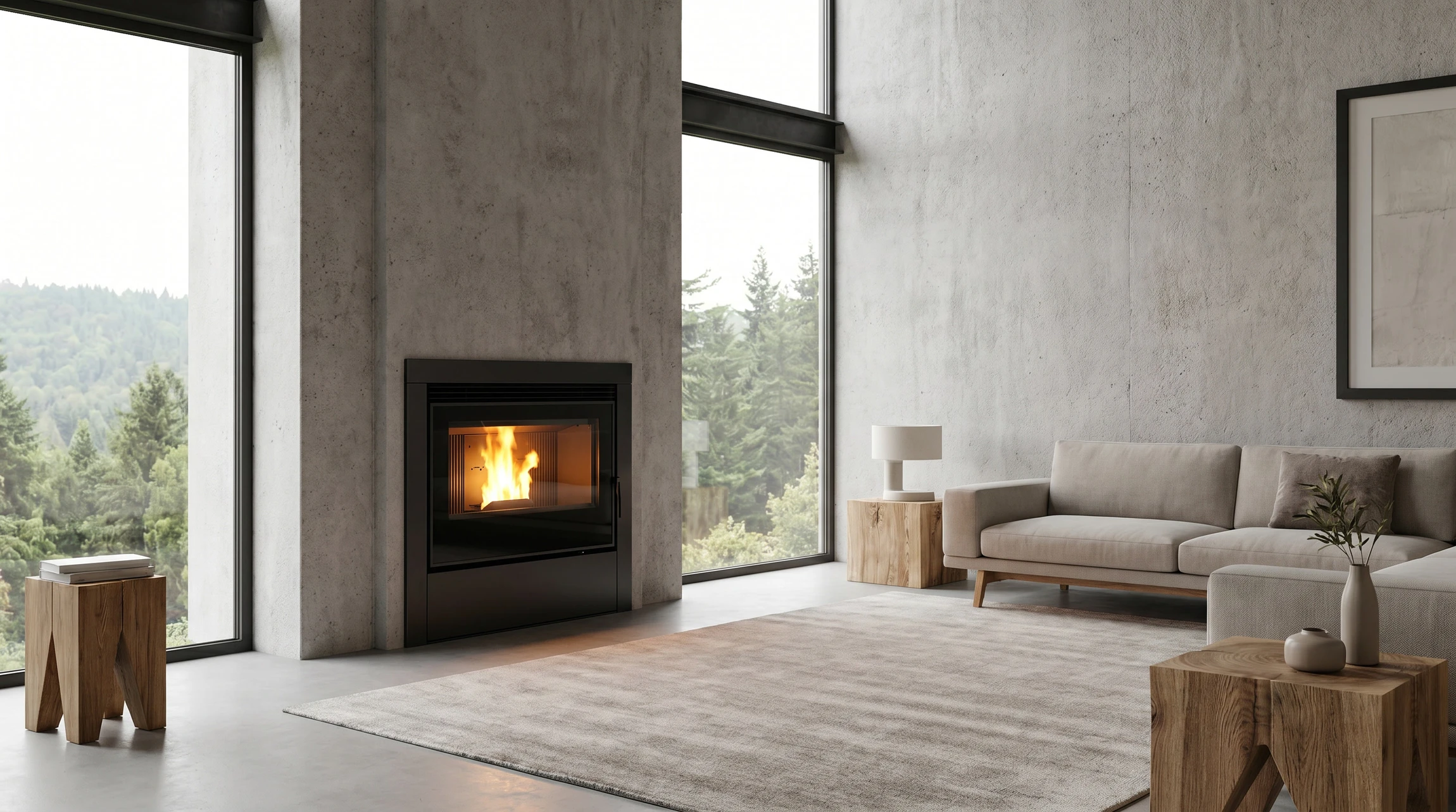 Intérieur moderne avec cheminée à foyer fermé encastrée dans mur blanc, feu actif visible